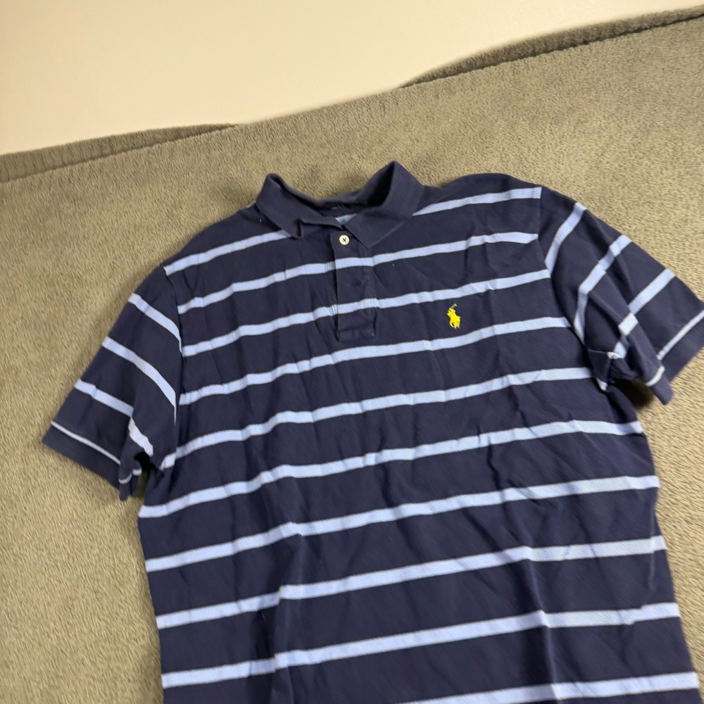 Polo Ralph Lauren Mens XL Navy Blue Light Blue Striped Short Sleeve Polo Shirt